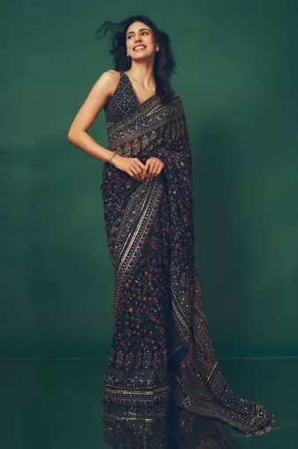 Dark black printed saree