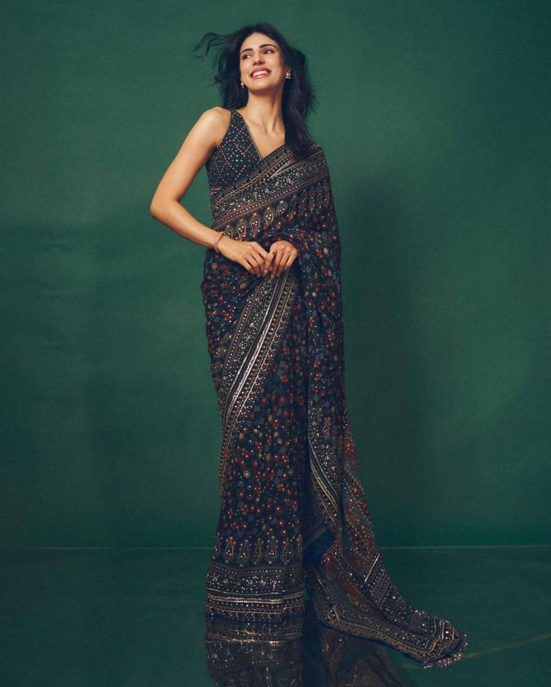 Dark black printed saree