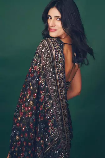 Dark black printed saree