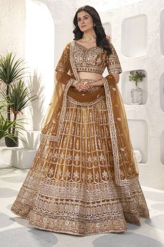Golden Color Sequins and Zari  Embroidery Work Net Lahenga Choli Set