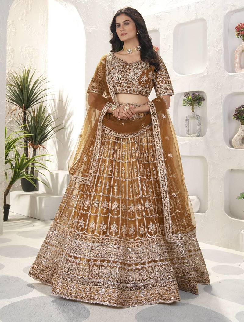 Golden Color Sequins and Zari  Embroidery Work Net Lahenga Choli Set