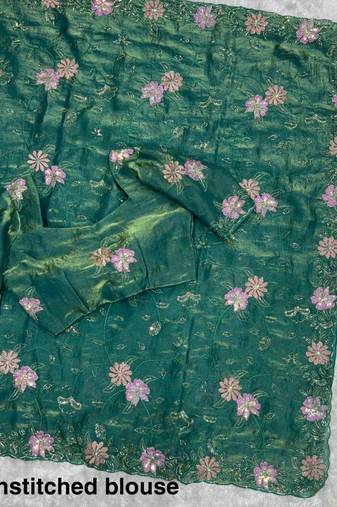 Green satin floral embroidered saree