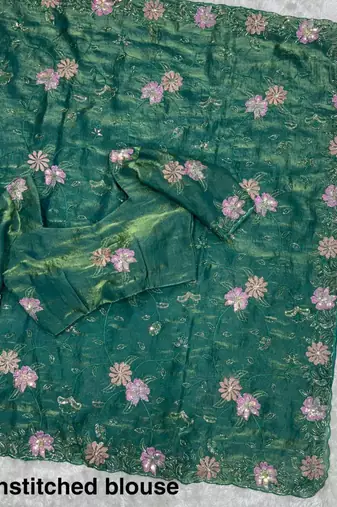 Green satin floral embroidered saree