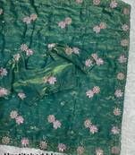 Green satin floral embroidered saree