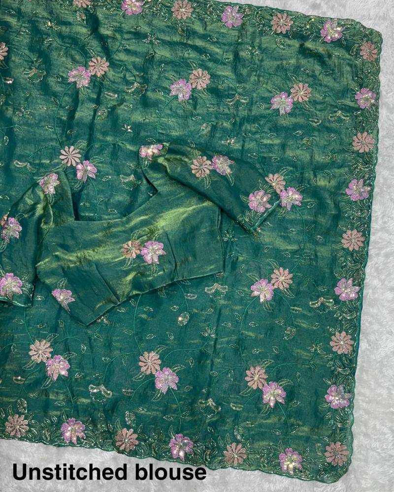 Green satin floral embroidered saree