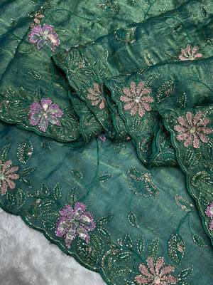 Green satin floral embroidered saree 2