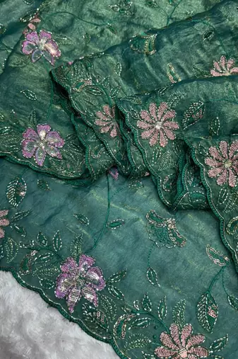 Green satin floral embroidered saree