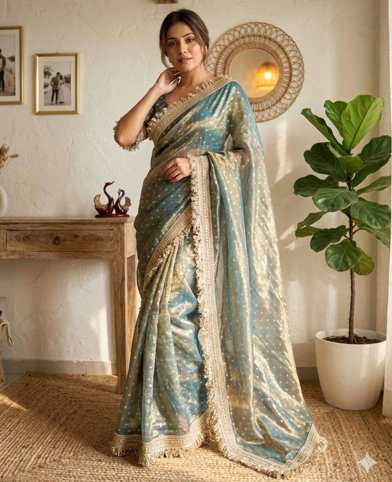 Sage green silk blend saree