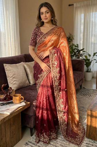 Dual-tone silk saree (orange & maroon)