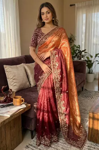 Dual-tone silk saree (orange & maroon)