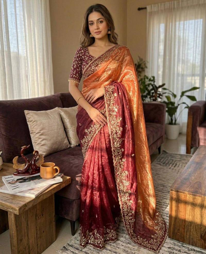 Dual-tone silk saree (orange & maroon)
