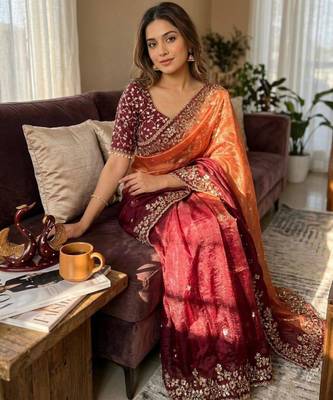 Dual-tone silk saree (orange & maroon) 3