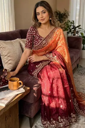 Dual-tone silk saree (orange & maroon)