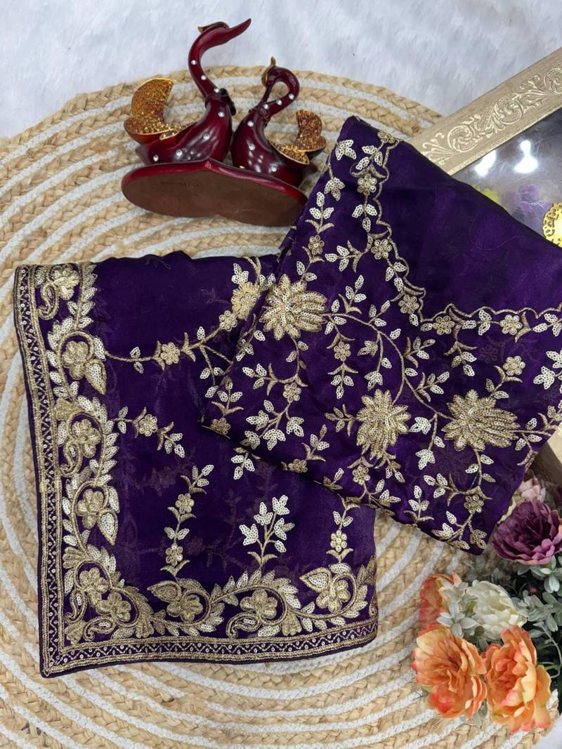 Purple embroidered saree set