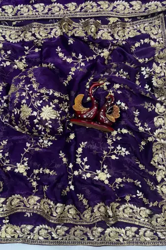 Purple embroidered saree set