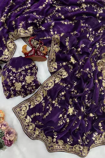 Purple embroidered saree set