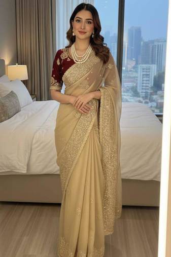 Beige gold party saree