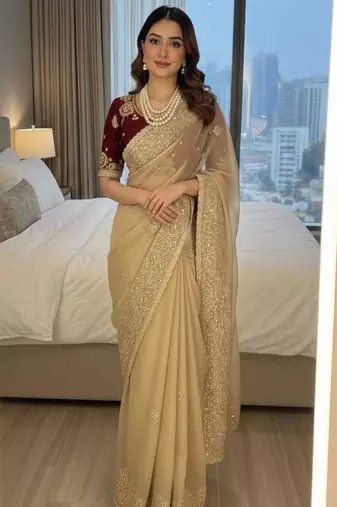 Beige gold party saree
