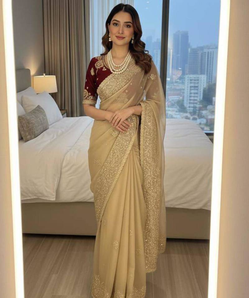 Beige gold party saree