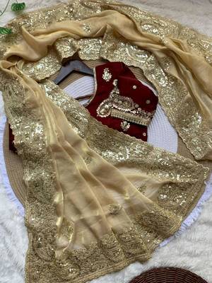 Beige gold party saree 2