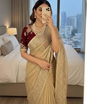 Beige gold party saree 4