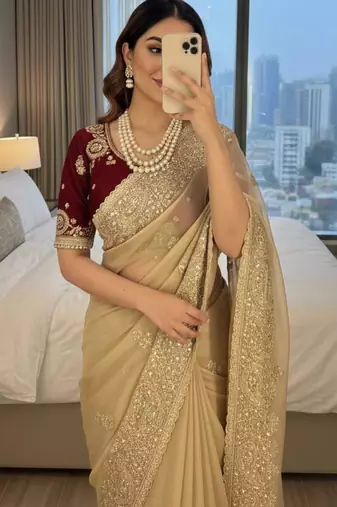 Beige gold party saree