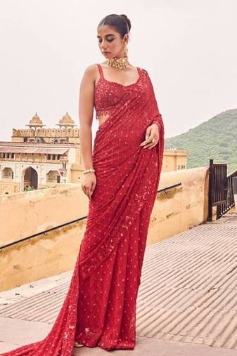 Red sequin designer saree