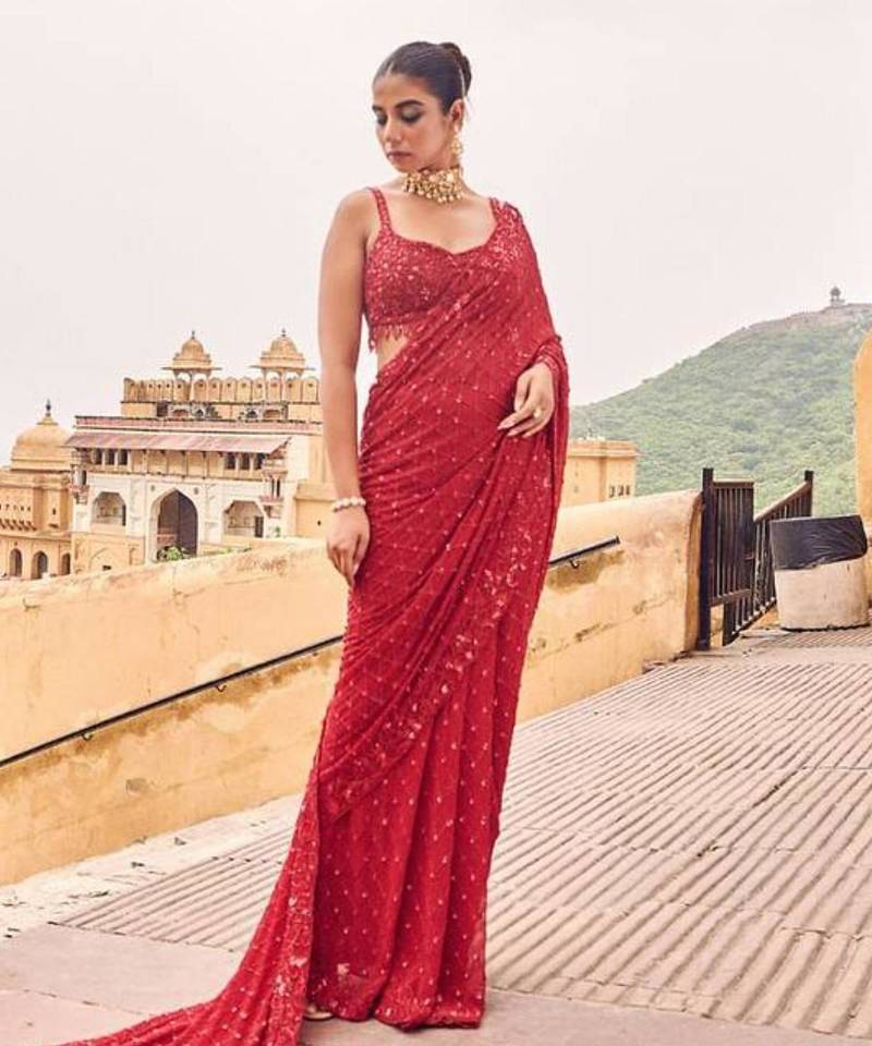 Red sequin designer saree