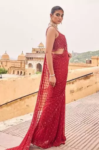 Red sequin designer saree