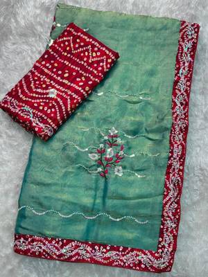 Teal green saree with red blouse 1
