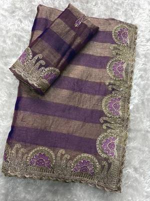 Purple chiffon striped embroidered saree 1