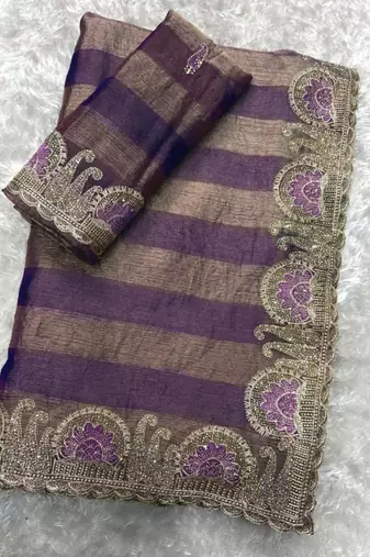Purple chiffon striped embroidered saree
