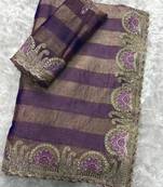 Purple chiffon striped embroidered saree