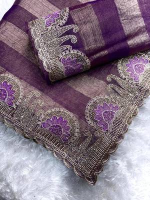 Purple chiffon striped embroidered saree 2