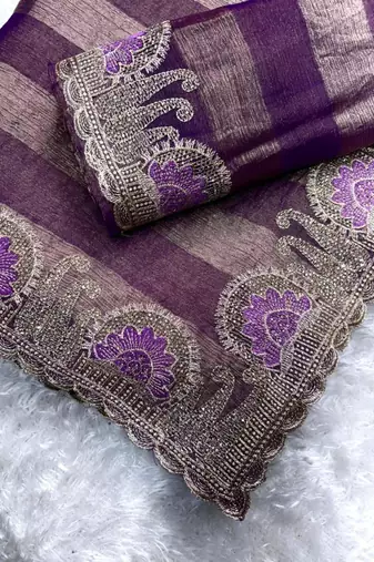 Purple chiffon striped embroidered saree