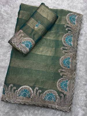 Green silk saree with embroidery 1
