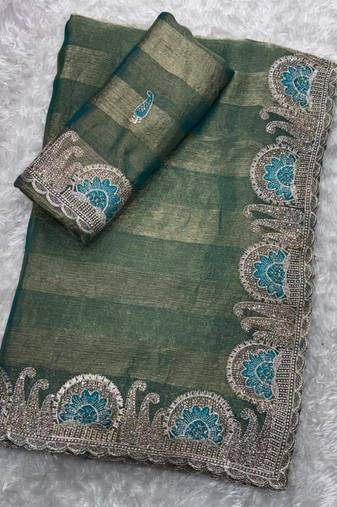Green silk saree with embroidery