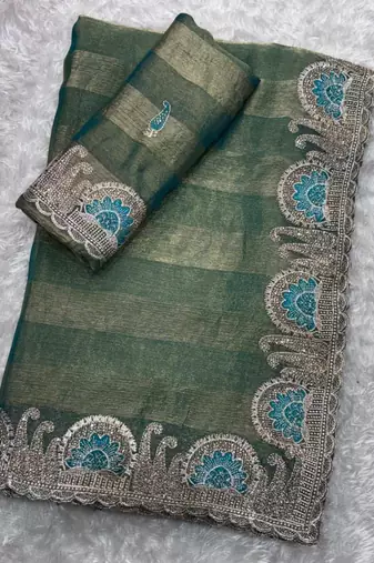 Green silk saree with embroidery