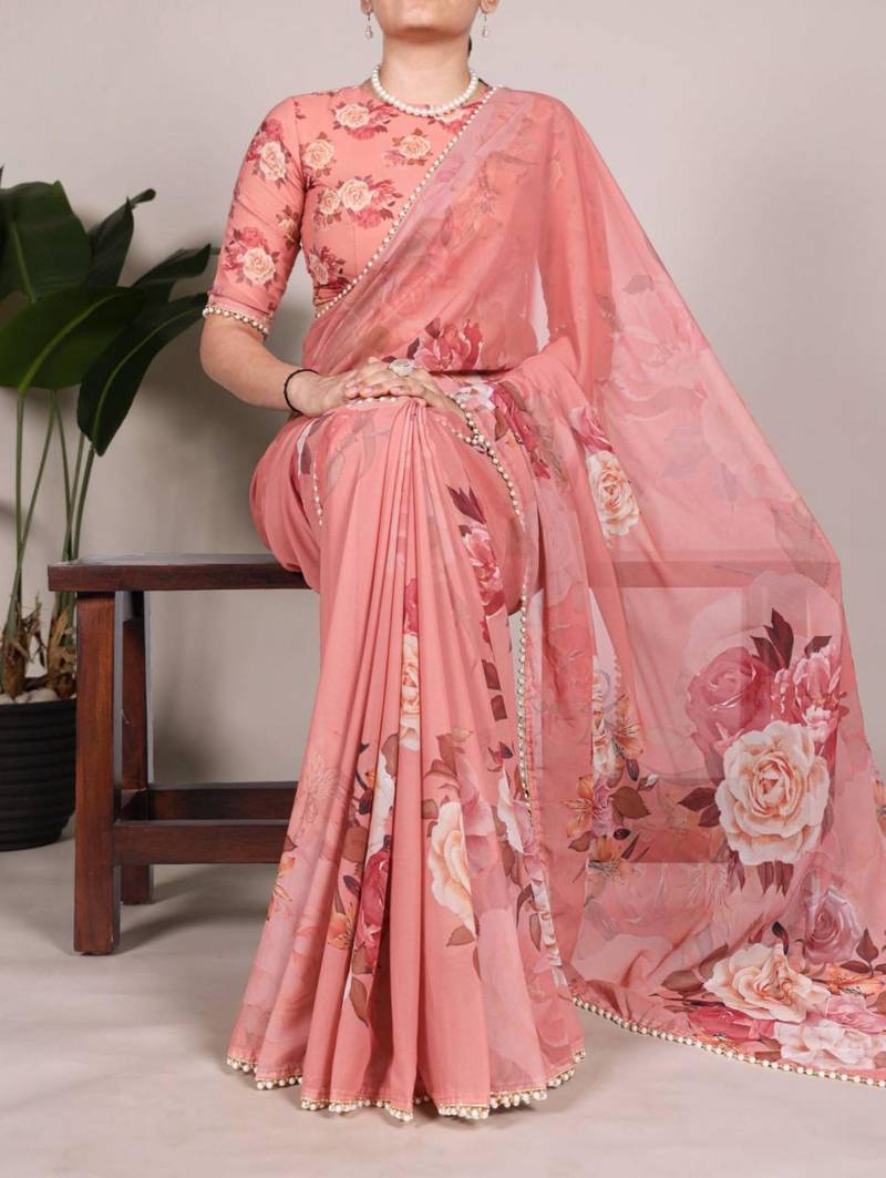 Peach floral saree