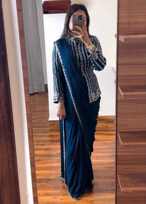 teal blue ready-to-wear saree with jacket 1