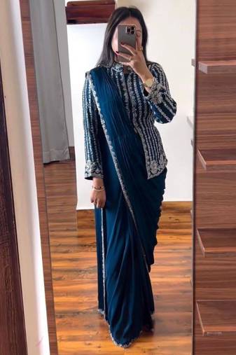 teal blue ready-to-wear saree with jacket