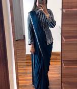 teal blue ready-to-wear saree with jacket