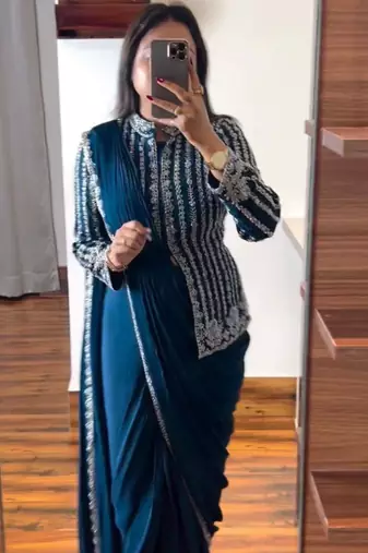 teal blue ready-to-wear saree with jacket