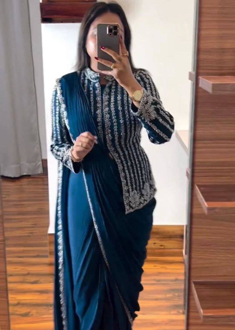 teal blue ready-to-wear saree with jacket