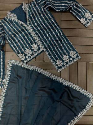 teal blue ready-to-wear saree with jacket 3