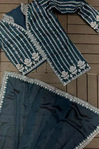 teal blue ready-to-wear saree with jacket