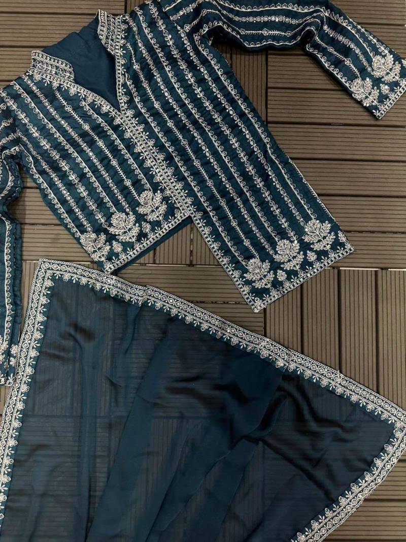 teal blue ready-to-wear saree with jacket