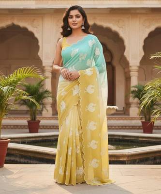 Yellow and mint green ombre saree 1