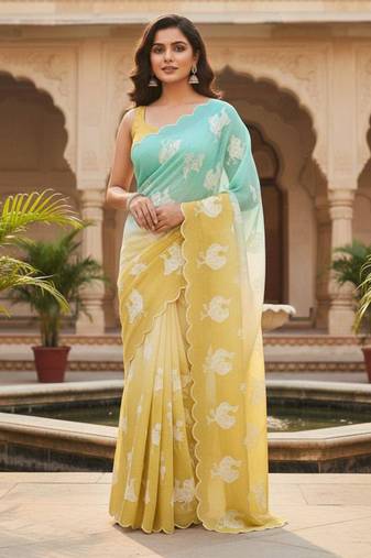 Yellow and mint green ombre saree