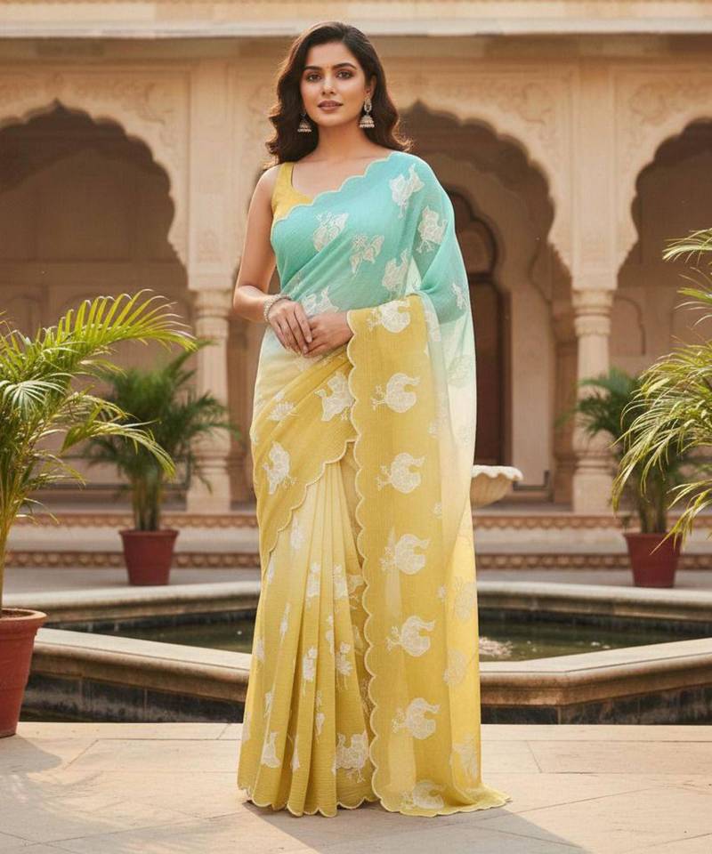 Yellow and mint green ombre saree